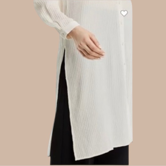 Eileen Fisher Accordion Silk Jacquard Mandarin Collar Long Shirt in Bone Size 2X - Picture 9 of 13